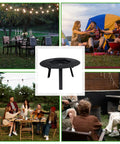 Stainless Steel Fire Pit Heat Deflector With Two Lifting Handles For 15 Inch Pits Compatible With Solo Stove Ranger And More Even Heat Distribution For Warm Cozy Outdoor Nights shown in multiple outdoor settings.