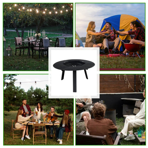 Stainless Steel Fire Pit Heat Deflector With Two Lifting Handles For 15 Inch Pits Compatible With Solo Stove Ranger And More Even Heat Distribution For Warm Cozy Outdoor Nights shown in multiple outdoor settings.