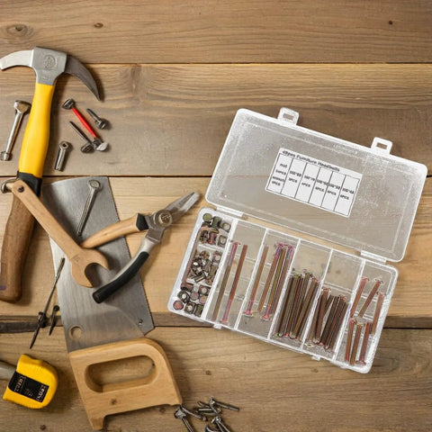 49 Piece M6 X 40-80mm Hex Socket Furniture Screw And Barrel Nut Set with tools displayed on wooden surface