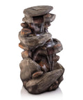 40-Inch Four Tier Rock Floor Fountain With Cascading Water And White LED Lights, A Chill Outdoor Water Feature For Your Garden, Patio, Yard Or Deck At Home. Image shows a realistic gray stone fountain with water flowing over four tiers.