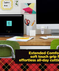 Workspace with Precision Ultra Edge 8 Inch Non-Stick Scissors in holder, surrounded by office desk items and computers