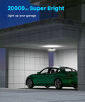 Garage lit by 200W 20000LM Deformable LED Shop Lighting with Motion Sensor, Remote, Dual Wall Switch.