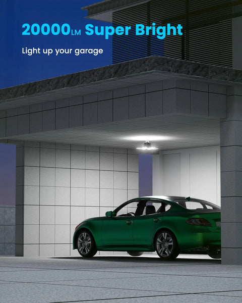Garage lit by 200W 20000LM Deformable LED Shop Lighting with Motion Sensor, Remote, Dual Wall Switch.