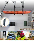 Ceiling Hoist For Cargo Box And Gear Heavy Duty Garage Storage Lift With Triple Pulley System Holds Up To 150 Lbs Fits 10 To 14 Foot Ceilings Overhead Space Saver lifting kayak in garage