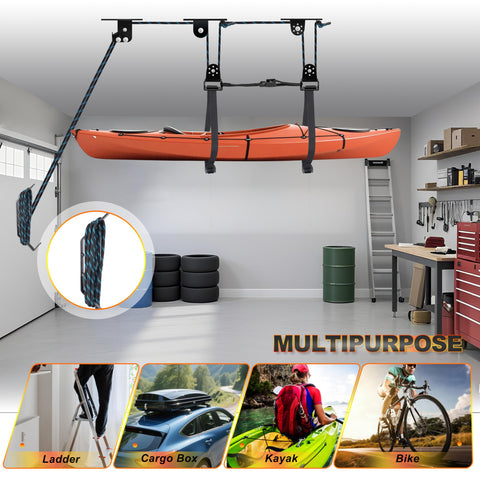 Ceiling Hoist For Cargo Box And Gear Heavy Duty Garage Storage Lift With Triple Pulley System Holds Up To 150 Lbs Fits 10 To 14 Foot Ceilings Overhead Space Saver lifting kayak in garage