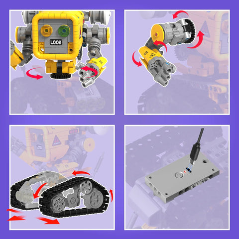 Components of 5 In 1 STEM RC Robotics Kit With App And Remote Control, including robotic arm, tracks, and charging port