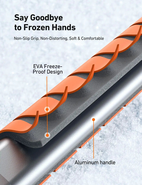 Close-up of EVA grip and aluminum handle on Lightweight Plastic Snow Shovel With Extendable Handle For Driveways And Cars Rugged Yet Portable Easy Buckle Assembly Ideal For Clearing Snow From Steps Roads Campgrounds Snowmobiles And Emergency Situations.