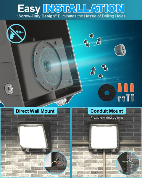 Beefy 100W Tunable LED Wall Pack installation options with easy screw design and wiring details on brick wall