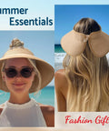 Woman wearing Women's Wide Brim Packable Straw Hat With Ponytail Opening For Beach And Travel Roll Up Sun Visor Foldable Khaki