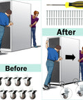Illustration showing installation process of 1.5 Inch Side Mount Caster Wheels Set Of 12 With Locking Swivel on a cabinet.