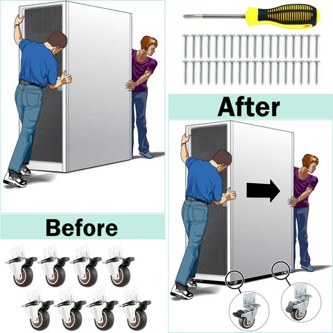 Illustration showing installation process of 1.5 Inch Side Mount Caster Wheels Set Of 12 With Locking Swivel on a cabinet.