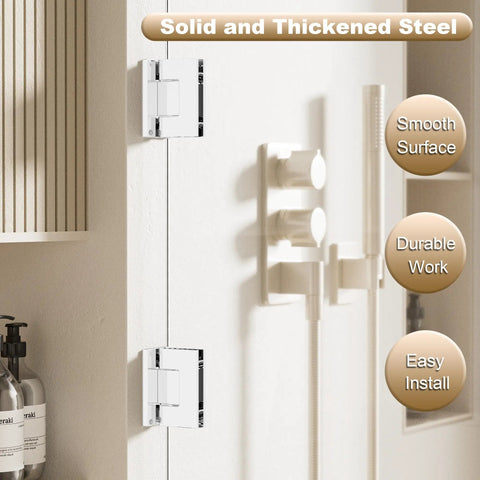 Durable Chrome Glass Shower Door Hinge For Frameless Bathroom Doors With 90 Degree Match, solid chrome finish mounted.
