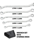 5 Piece Metric Offset Box End Wrench Set With 45 Degree Offset For Tight Spots, Z Drive Broaching Prevents Round Off, Chrome Vanadium Steel With Chrome Plating, ANSI, Includes Storage Rack