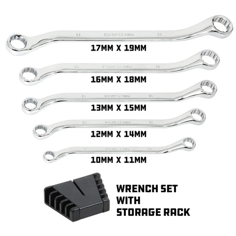5 Piece Metric Offset Box End Wrench Set With 45 Degree Offset For Tight Spots, Z Drive Broaching Prevents Round Off, Chrome Vanadium Steel With Chrome Plating, ANSI, Includes Storage Rack