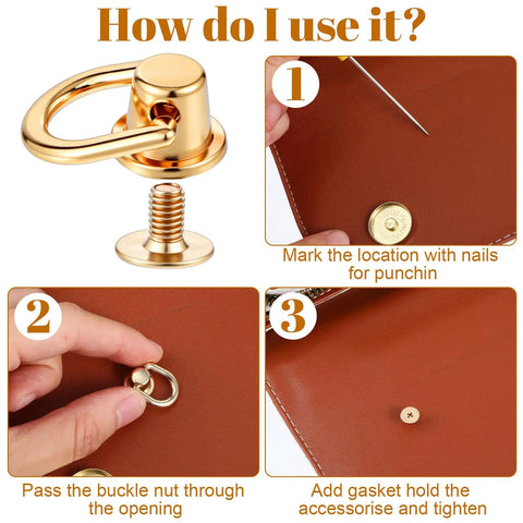 Leather Craft Hardware Kit 12 D Rings And 360 Degree Rotatable Brass Ball Studs For Purses Wallets And Crossbody Straps