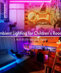 Colorful 65.6ft Bluetooth LED strip lights illuminating a kids bedroom with music sync RGB colors and app control features.