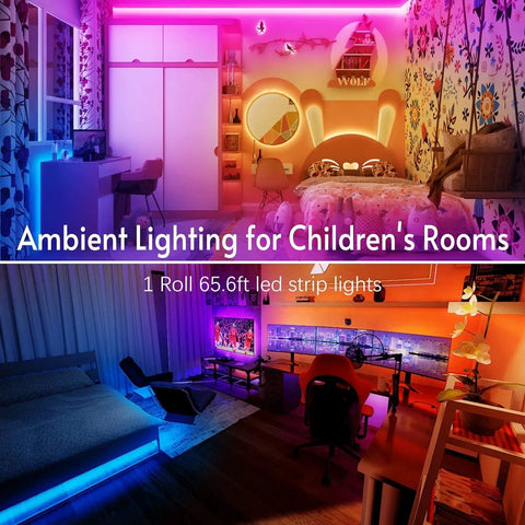 Colorful 65.6ft Bluetooth LED strip lights illuminating a kids bedroom with music sync RGB colors and app control features.
