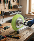 Beefy Rotary Encoder Meter Wheel With 6mm Aperture For Marking Machines And Inkjet Printers, shown on a workbench