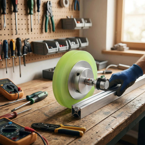 Beefy Rotary Encoder Meter Wheel With 6mm Aperture For Marking Machines And Inkjet Printers, shown on a workbench