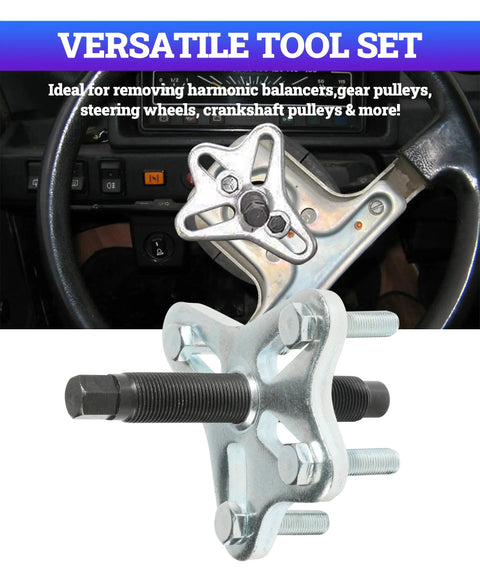 46 Piece Harmonic Balancer Puller Kit Pro Grade showing flange type gear pulley tool in vehicle steering wheel setup