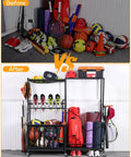 Before and after using Heavy Duty Rolling Garage Organizer With Wheels For Indoor Sports Gear Storage Including Golf Bags Balls Bats Rackets Skates Mats And More All In One Storage Rack With Basket And Hooks Black Large