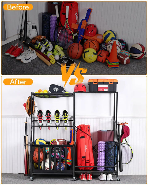 Before and after using Heavy Duty Rolling Garage Organizer With Wheels For Indoor Sports Gear Storage Including Golf Bags Balls Bats Rackets Skates Mats And More All In One Storage Rack With Basket And Hooks Black Large