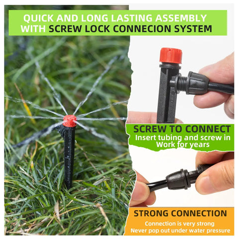 233-Foot Drip Irrigation System Kit screw lock connection detail for garden and greenhouse with 360-degree sprayer and tubing