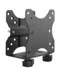 Black metal Thin Client Mount Bracket for under desk and VESA arm setups with 75x75mm or 100x100mm patterns, side view.