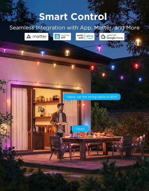Clear Bulb Outdoor String Lights, 96ft RGBWIC Dimmable Patio And Backyard Lighting with AI Scene Control in use outdoors.