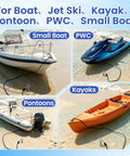 Collage of 31 Inch Boat Sand Anchor Crafted From 316 Stainless Steel used with small boat, PWC, pontoon, and kayak on sandy shore.