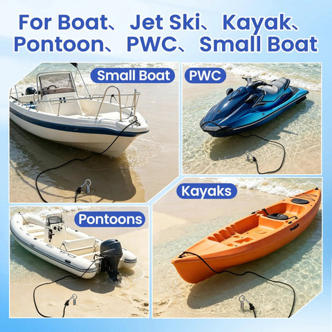 Collage of 31 Inch Boat Sand Anchor Crafted From 316 Stainless Steel used with small boat, PWC, pontoon, and kayak on sandy shore.