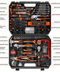 Comprehensive 240 Piece Socket Wrench Tool Set With Plastic Toolbox Storage Case For Auto Repair And Everyday DIY Home Maintenance Includes Metric And SAE Sockets Ratchets Extensions Bits And A Full Range Of Hand Tools in open case showcasing organized tools