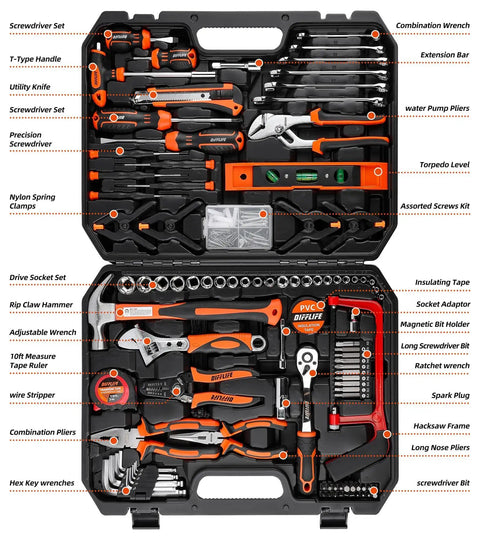 Comprehensive 240 Piece Socket Wrench Tool Set With Plastic Toolbox Storage Case For Auto Repair And Everyday DIY Home Maintenance Includes Metric And SAE Sockets Ratchets Extensions Bits And A Full Range Of Hand Tools in open case showcasing organized tools