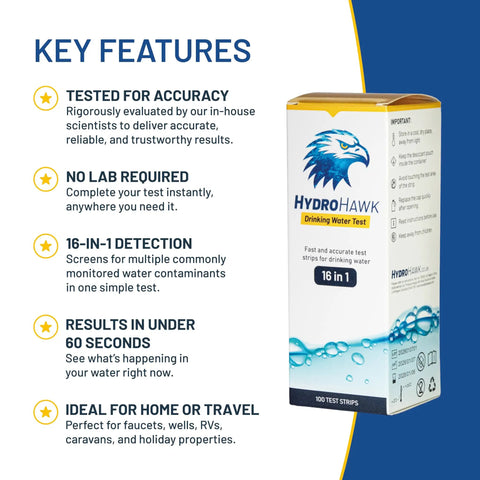 Hella Reliable 16 Parameter Drinking Water Test Strips 100 Pack Quick Water Testing Kit for tap, RV, and spring water monitoring.