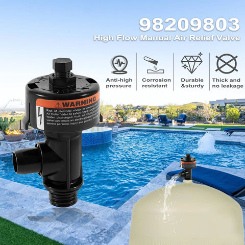 High flow manual air relief valve for pool/spa filters, black plastic with threaded ends; two units visible
