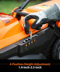 Person adjusting height on Brushless Cordless Lawn Mower With 48V Max Power 15 Inch Deck 2x24V 4Ah Batteries Dual Charger