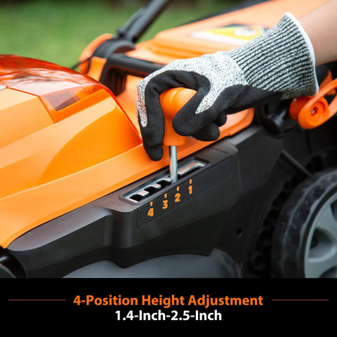 Person adjusting height on Brushless Cordless Lawn Mower With 48V Max Power 15 Inch Deck 2x24V 4Ah Batteries Dual Charger