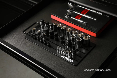 Magnetic Socket Organizer Rail Set for 1/4 Inch, 3/8 Inch, and 1/2 Inch Drive Sockets Holds 36 Sockets on black tray in drawer