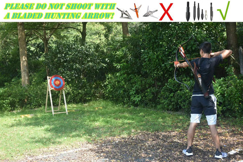 Archer aiming at traditional hand made straw archery target with text warning against using bladed hunting arrows for practice.