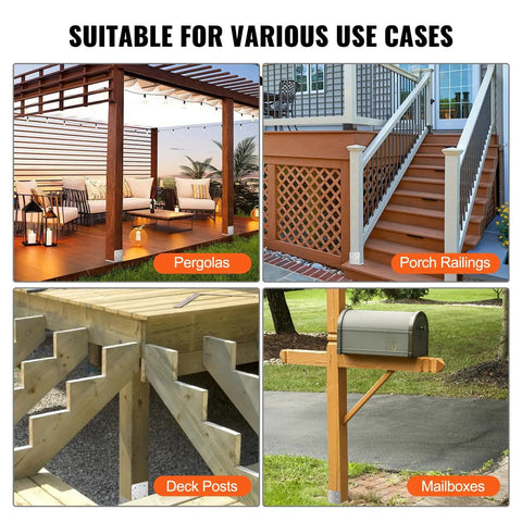 Various uses of Adjustable 8 By 8 Post Base Bracket Set, Stainless Steel Post Anchor for deck posts, railings, pergolas, mailboxes.