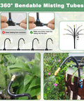 65.6 Ft Adjustable Drip Irrigation Kit with 20 360 Degree Misting Nozzles displaying flexible hose and misting setup for garden