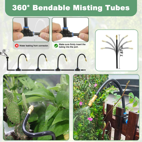 65.6 Ft Adjustable Drip Irrigation Kit with 20 360 Degree Misting Nozzles displaying flexible hose and misting setup for garden