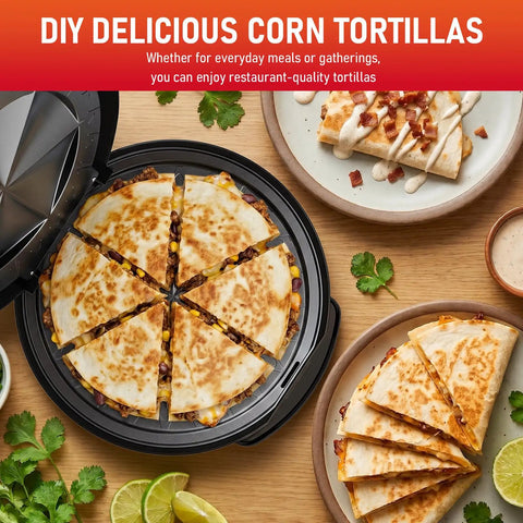 Super Cool 11 Inch Electric Quesadilla Maker With Extra Stuffing Latch Non Stick Plates Makes Easy Sliced Six Wedges stacked with corn tortillas.