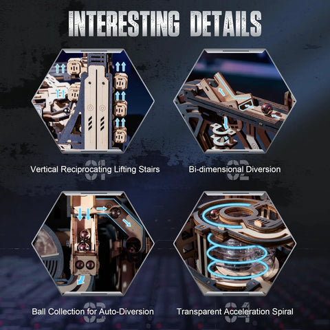 Close-up details of 3D Wooden Puzzle Marble Run For Adults - Upgraded Spaceport Model Kit With Electric Drive showing various mechanisms.