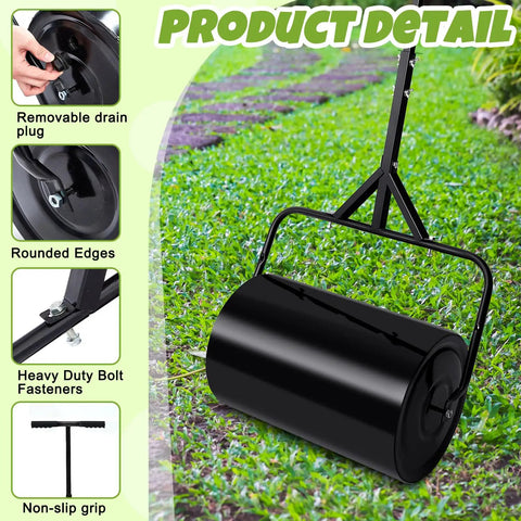 Heavy Duty Lawn Roller For Push Or Tow, Water And Sand Filled Garden Drum Roller, Sod And Seeding Roller For Yard