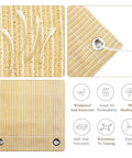 Close-up of 90% UV Blocking Outdoor Sun Shade Cloth for Pergola and Deck, 6 by 6 Feet, wheat color with reinforced grommets, HDPE material, diagram showing features.