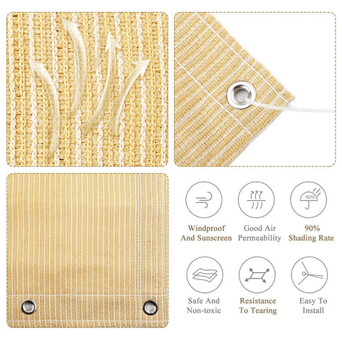 Close-up of 90% UV Blocking Outdoor Sun Shade Cloth for Pergola and Deck, 6 by 6 Feet, wheat color with reinforced grommets, HDPE material, diagram showing features.