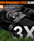 Close-up of the high manganese steel blade on a 21 Inch Self Propelled Gas Lawn Mower With 170cc 4 Stroke Engine A Real Workhorse For Medium Lawns