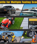 Auto-Stop Fuel Transfer Pump: collage showing fueling for car, boat, lawn mower, generator, ATV, and chainsaw.