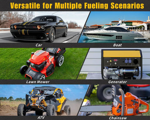 Auto-Stop Fuel Transfer Pump: collage showing fueling for car, boat, lawn mower, generator, ATV, and chainsaw.